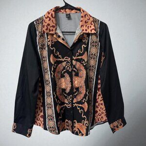 Women’s Shein Black Baroque Print Button-Up Shirt with Leopard Collar – Size M
